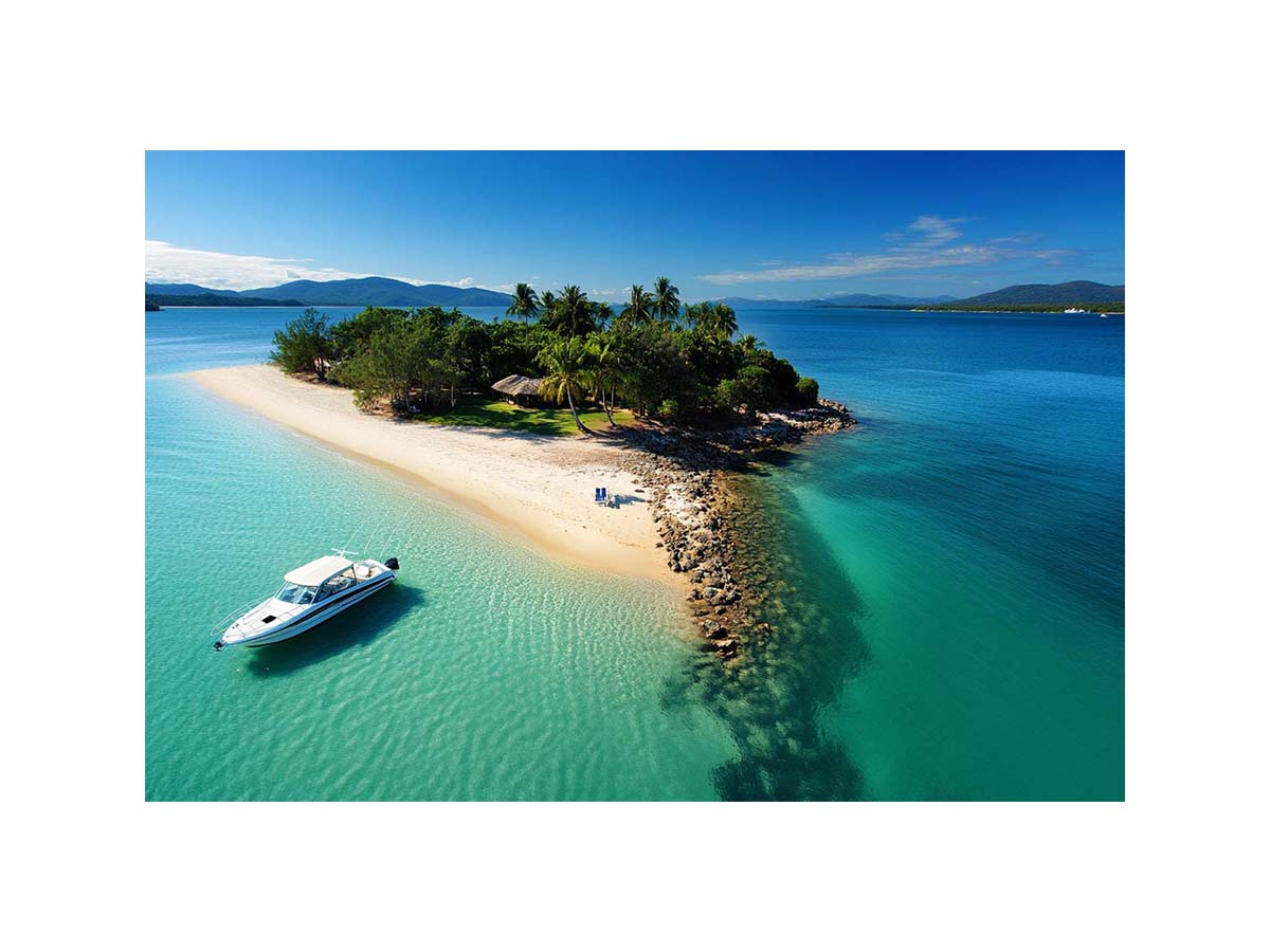 Tropical island aerial canvas art with turquoise ocean and sandy beach for coastal living room decor.