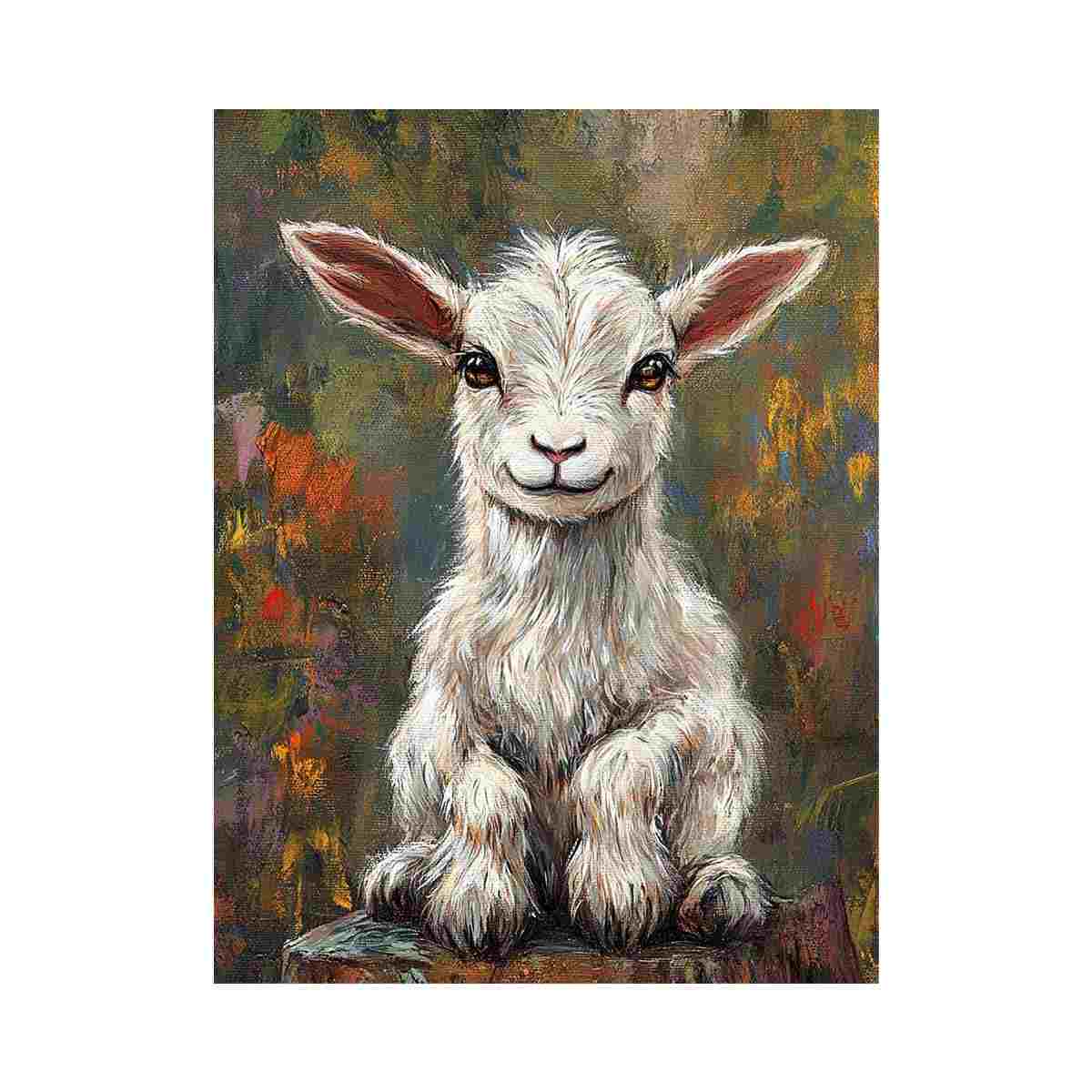 Charming white baby goat canvas art in rustic farmhouse style for nursery, living room, and country home decor.