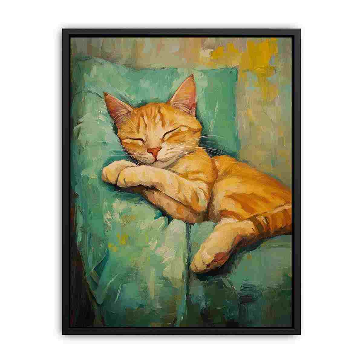 Sleeping orange tabby cat canvas art in cozy farmhouse style for living room, bedroom, and reading nook decor.