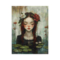 Ethereal woman portrait with lotus flowers and lily pads in serene fantasy style for elegant bedroom decor.