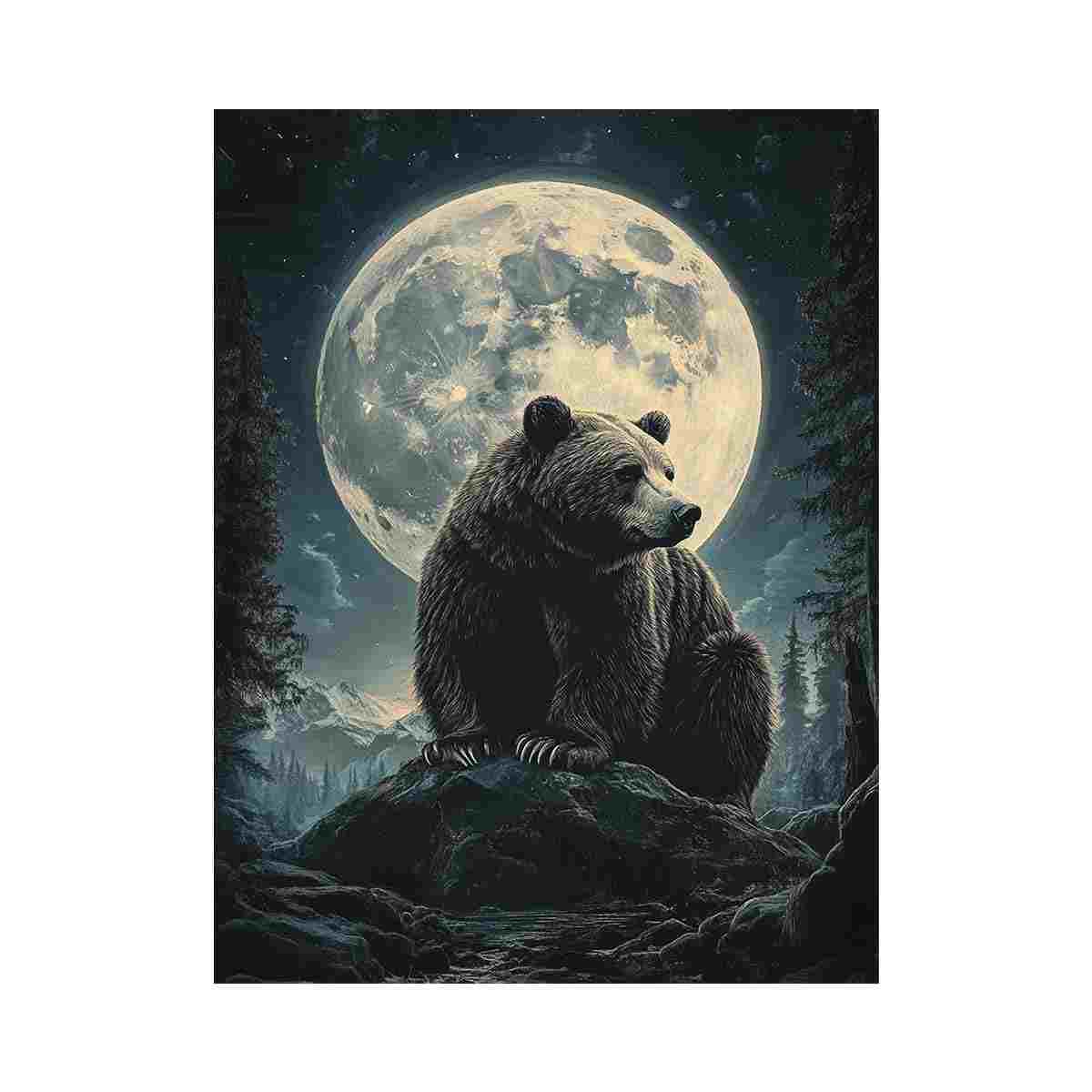 Majestic bear under a full moon in a forest landscape for rustic living room wall art.