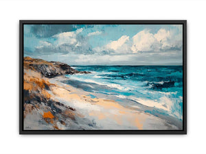 Painterly turquoise ocean coastline artwork for coastal living room decor.