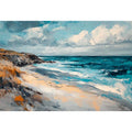 Painterly turquoise ocean coastline artwork for coastal living room decor.