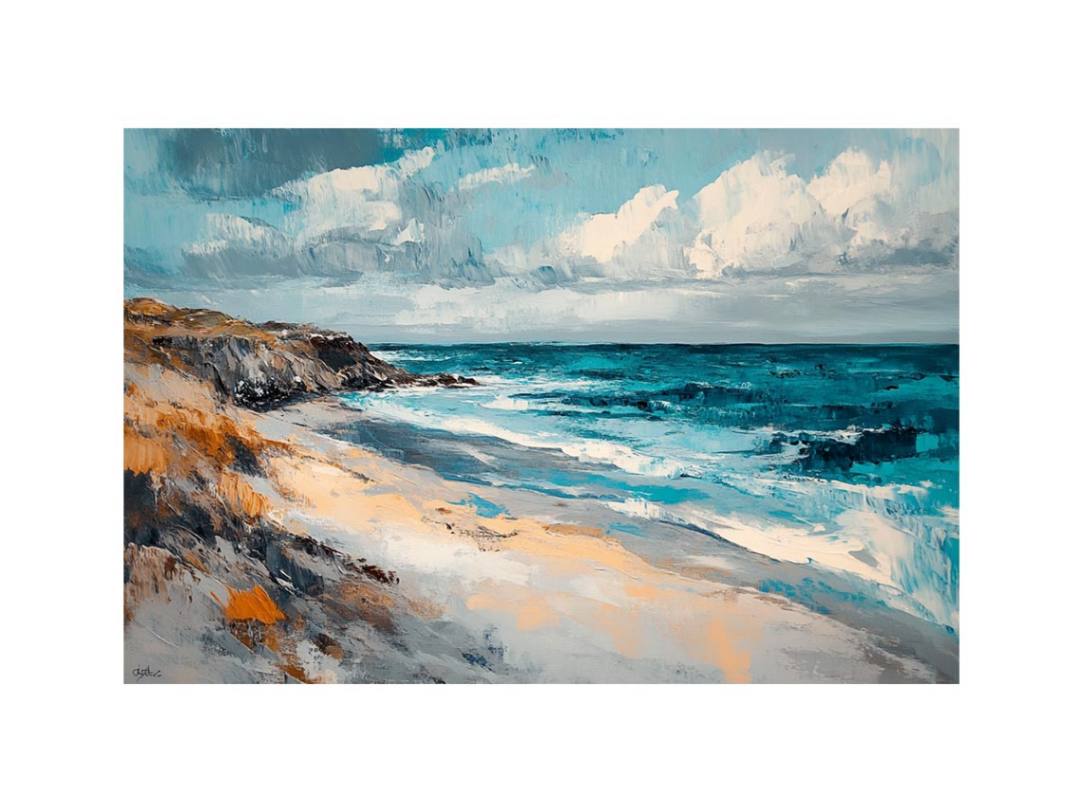 Painterly turquoise ocean coastline artwork for coastal living room decor.