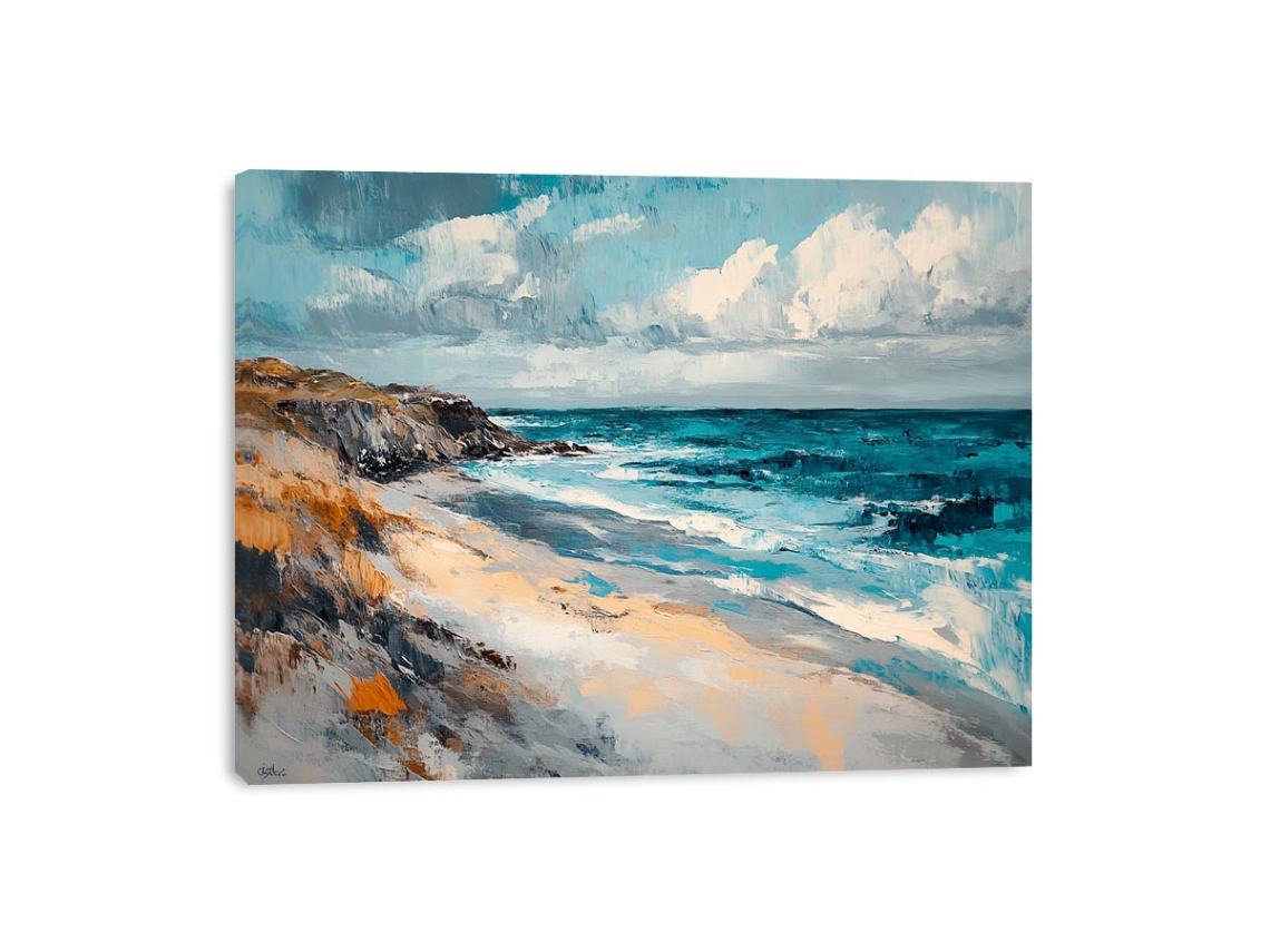 Painterly turquoise ocean coastline artwork for coastal living room decor.