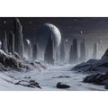 Frozen lunar city with tall futuristic towers and moons for modern sci-fi wall decor.