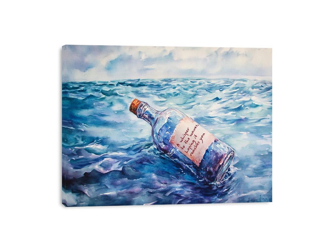 Watercolor message in a bottle floating on ocean waves for coastal living room wall decor.