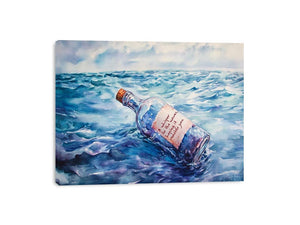 Watercolor message in a bottle floating on ocean waves for coastal living room wall decor.