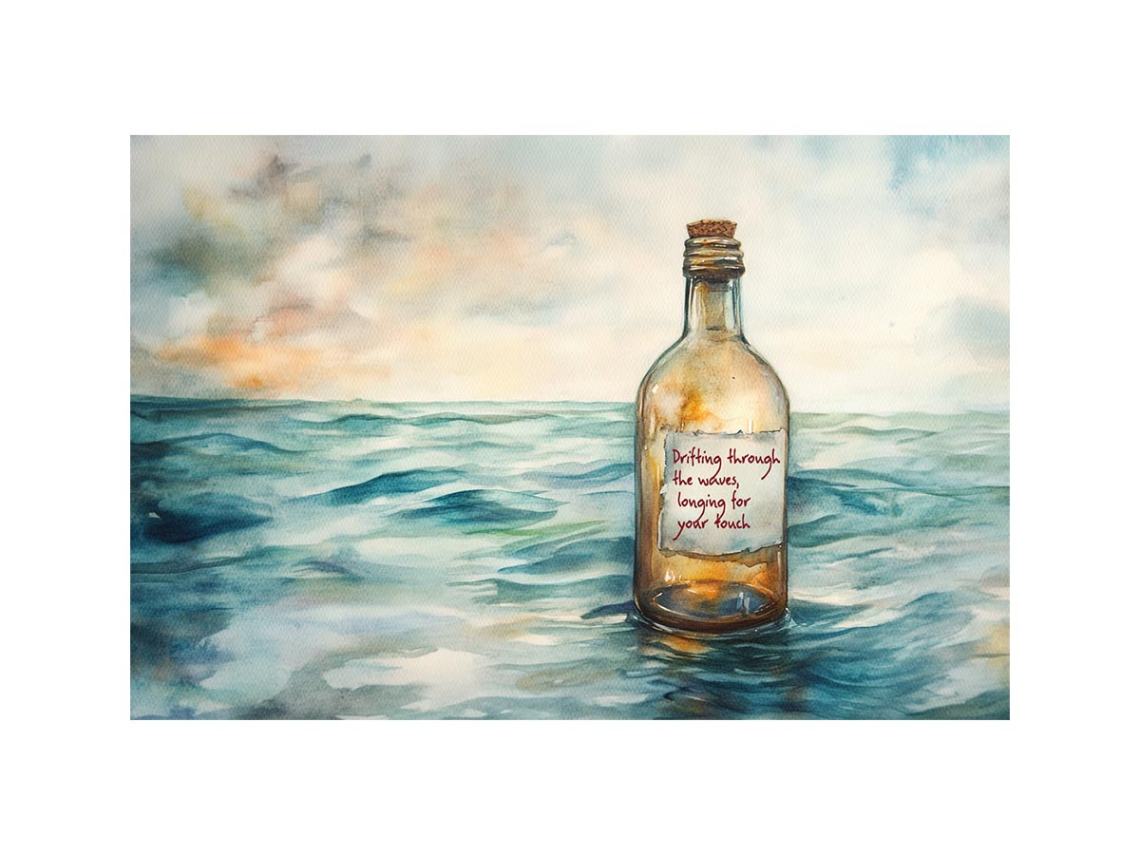 Driftign through waves, watercolor, bottle, sea, quote,