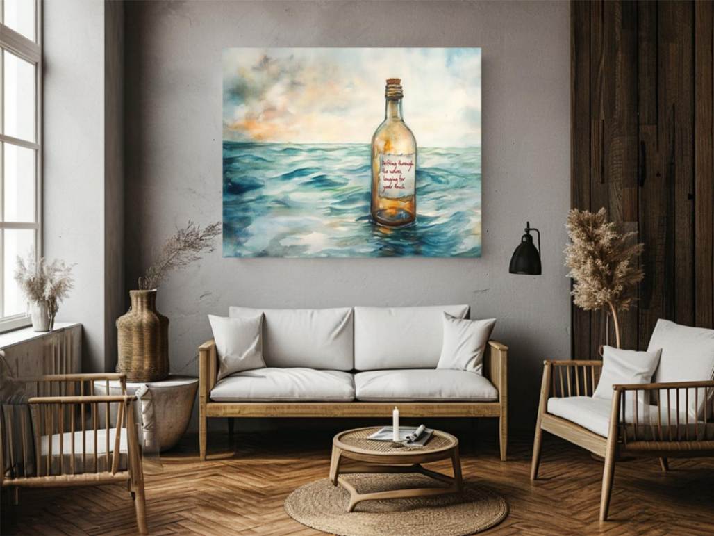 Driftign through waves, watercolor, bottle, sea, quote,