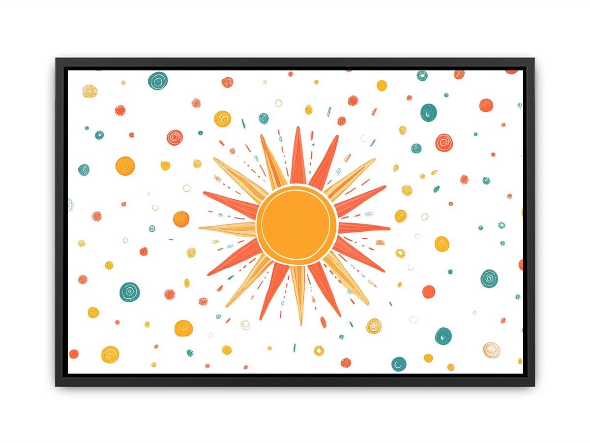 Playful sun and dots canvas art for bright kids room decor.