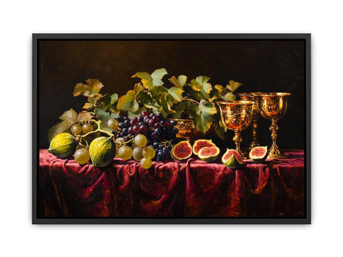 Classic fruit still life canvas art with grapes, figs and gold goblets for elegant dining room decor.