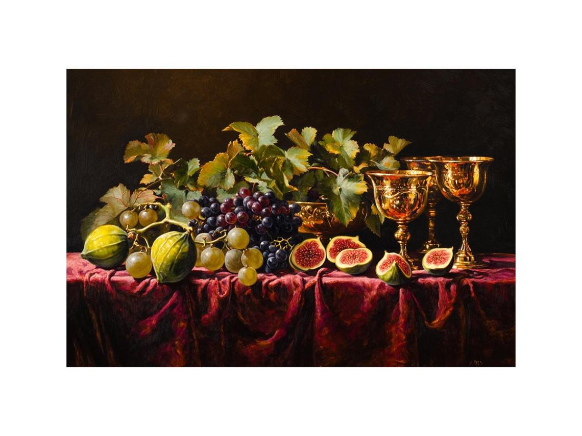 Classic fruit still life canvas art with grapes, figs and gold goblets for elegant dining room decor.