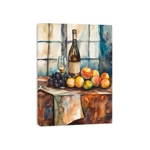 Watercolor wine and fruit still life canvas art for rustic kitchen decor.