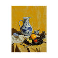 Blue and white pitcher still life canvas art for elegant kitchen wall decor.