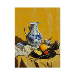 Blue and white pitcher still life canvas art for elegant kitchen wall decor.