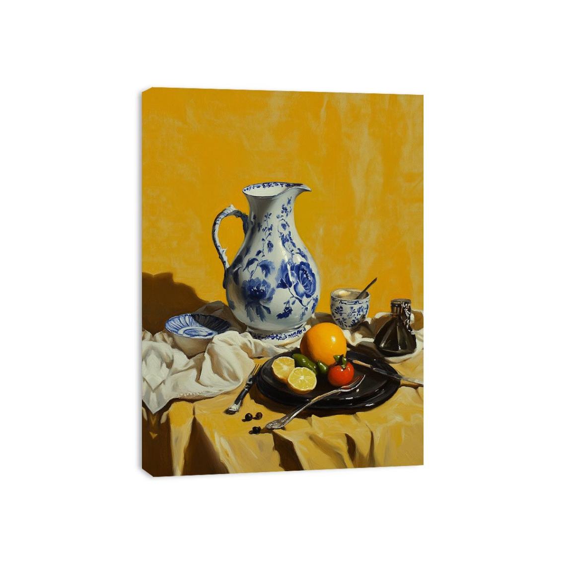 Blue and white pitcher still life canvas art for elegant kitchen wall decor.