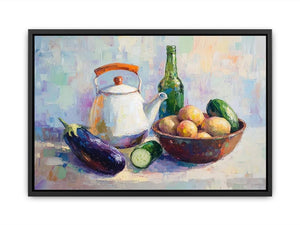 Painterly kitchen still life with kettle, bottle, fruit and vegetables.