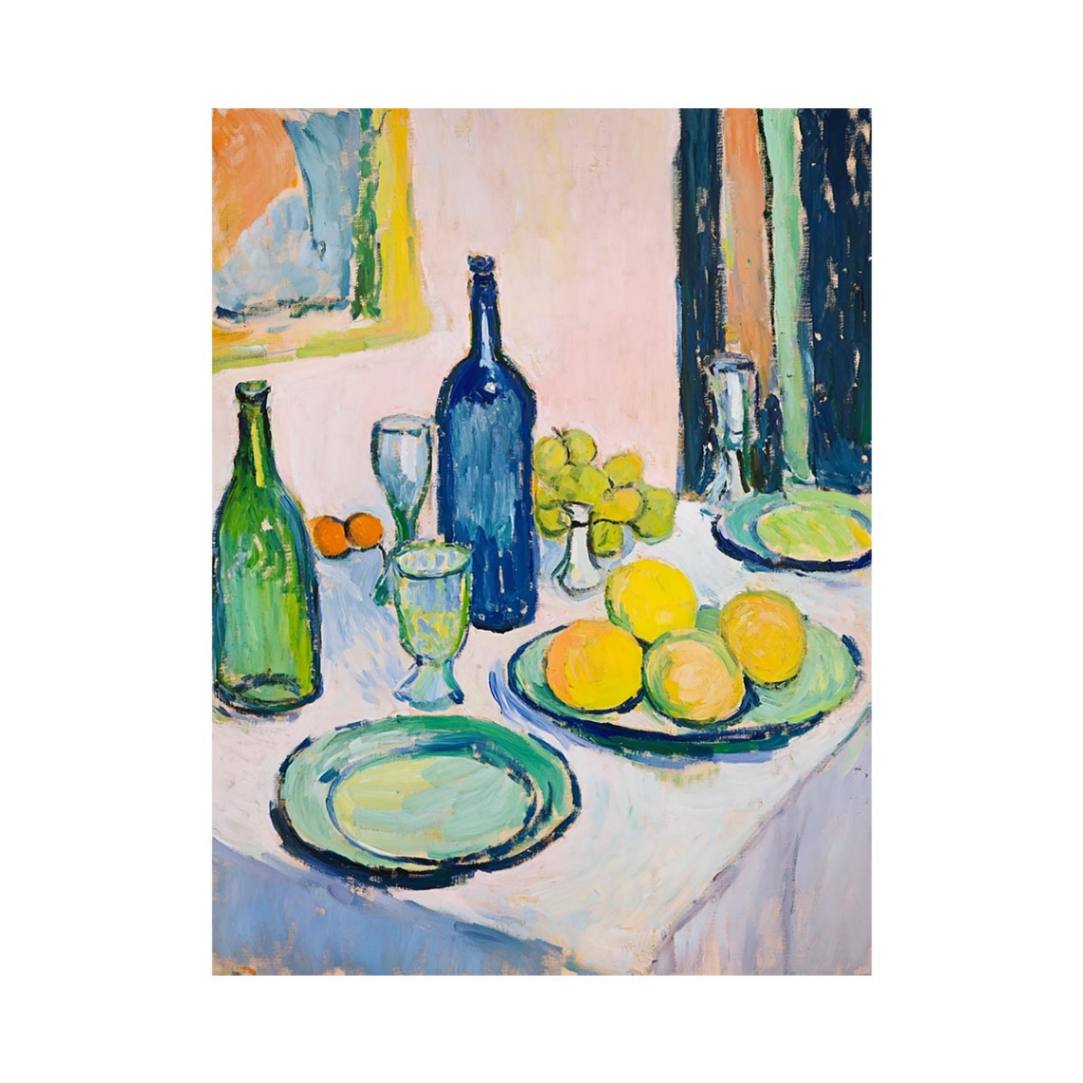 Blue bottle still life with fruit and tableware for dining room wall art.