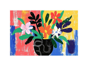 Vibrant textured floral artwork in black vase for modern colorful interiors.