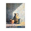 Neutral still life painting with pottery pitcher and mugs for modern minimalist decor.