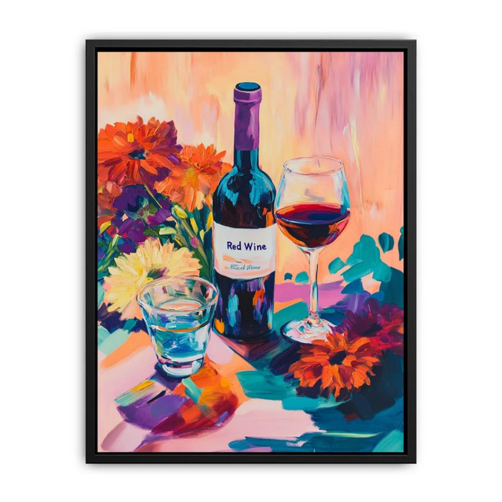 Colorful wine bottle and floral still life artwork for dining room decor