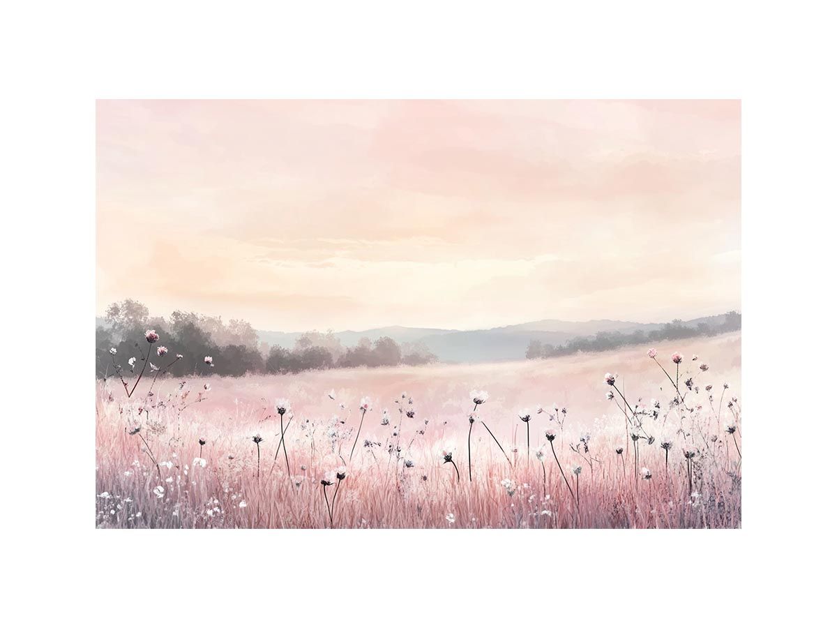 Soft pastel meadow landscape artwork for calming bedroom wall decor.