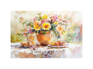 Watercolor floral still life artwork for elegant dining room decor.