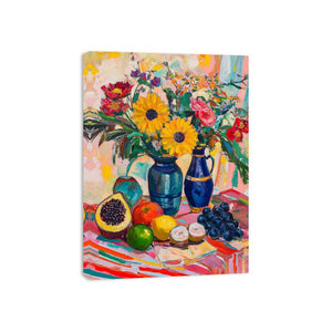 Colourful floral still life artwork with fruit and vases for kitchen decor.