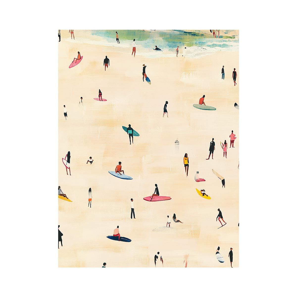 Beach surfer artwork with small figures and boards for coastal room decor.