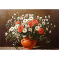 Traditional daisy and rose still life canvas art for dining room decor.