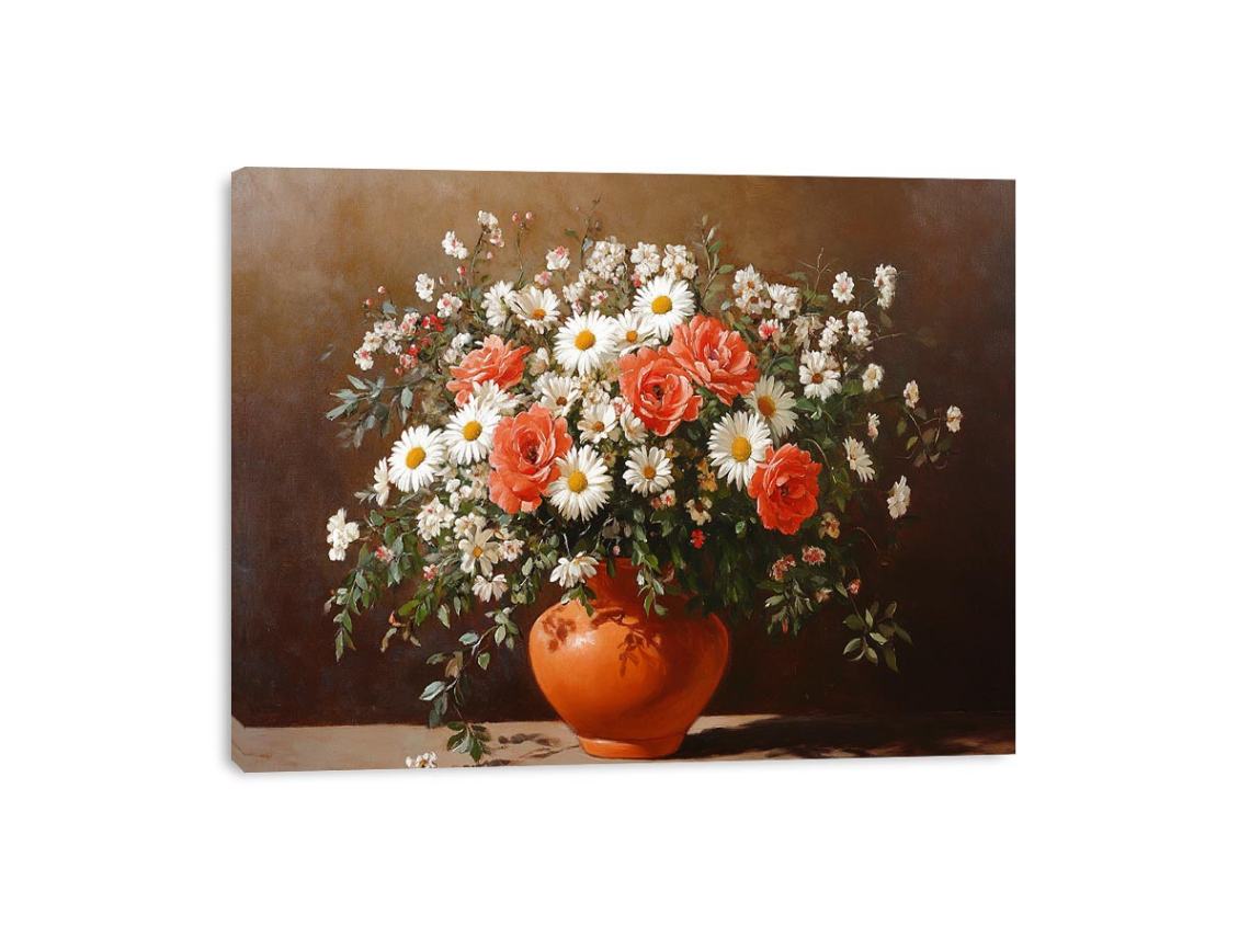 Traditional daisy and rose still life canvas art for dining room decor.