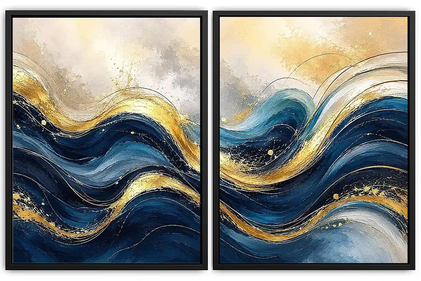  Gold Blue Abstract Waves Painting Set
