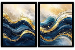  Gold Blue Abstract Waves Painting Set
