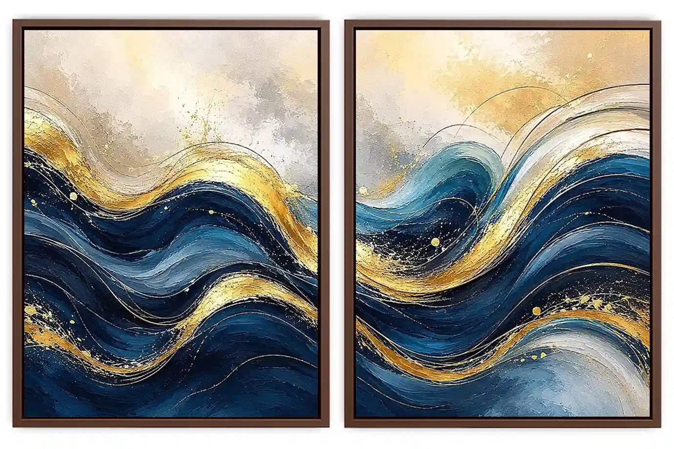  Gold Blue Abstract Waves Painting Set