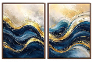  Gold Blue Abstract Waves Painting Set