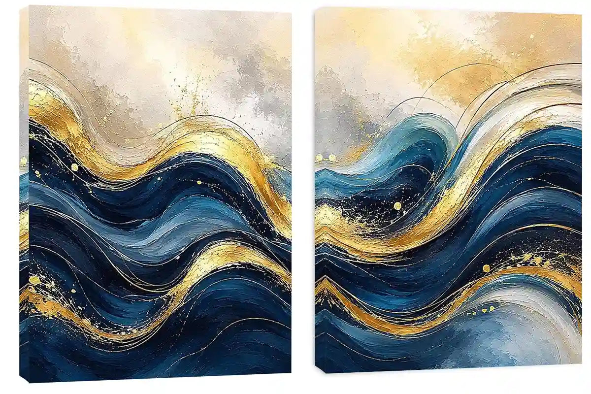  Gold Blue Abstract Waves Painting Set