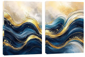  Gold Blue Abstract Waves Painting Set