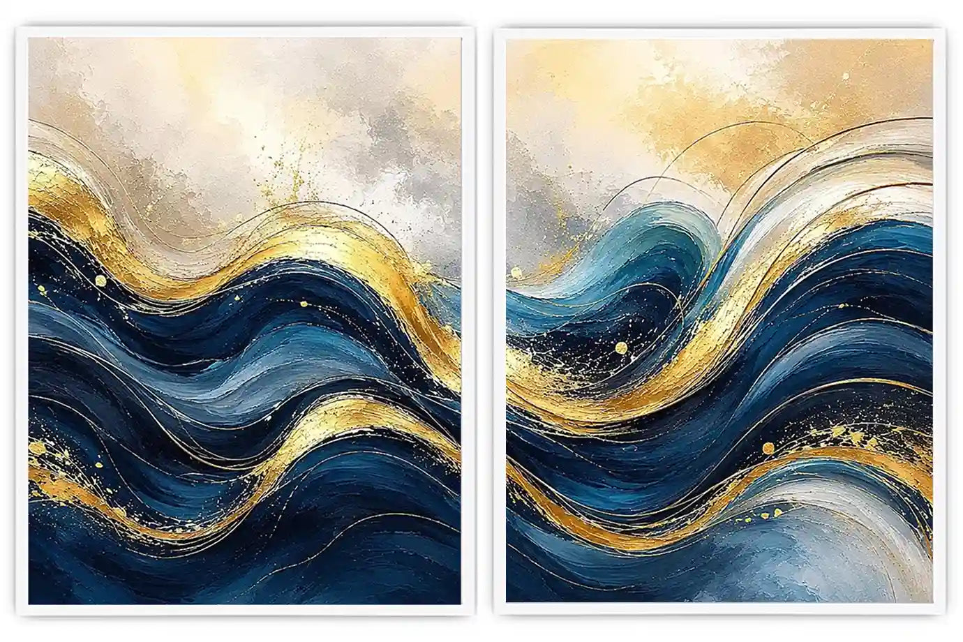  Gold Blue Abstract Waves Painting Set