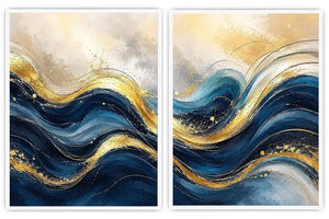  Gold Blue Abstract Waves Painting Set