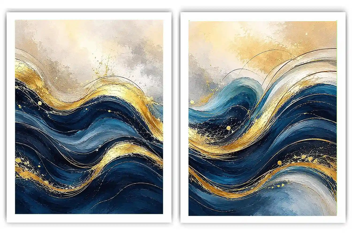  Gold Blue Abstract Waves Painting Set