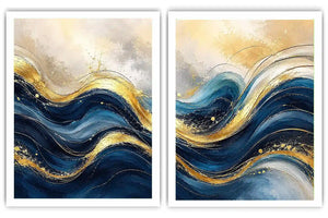  Gold Blue Abstract Waves Painting Set