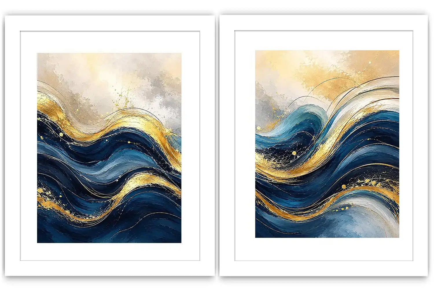  Gold Blue Abstract Waves Painting Set