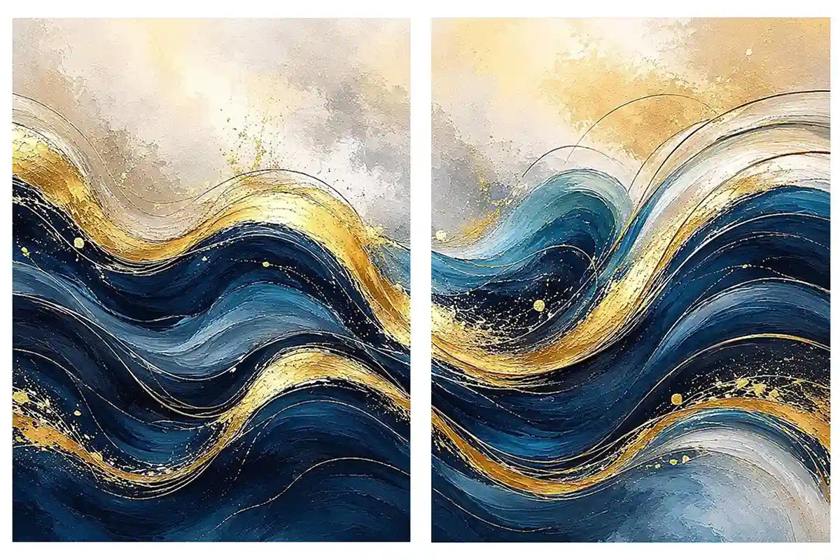 Gold Blue Abstract Waves Painting Set