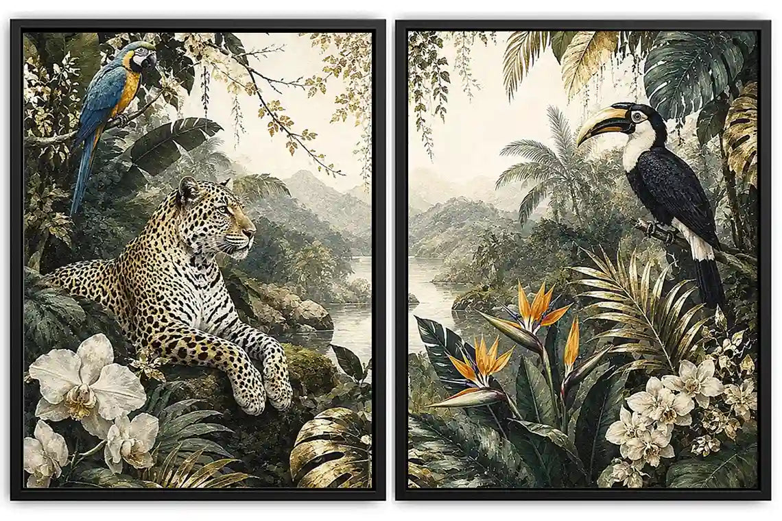 Tropical Leopard Jungle Diptych Wall Art 2 Piece Art Set