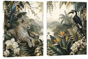 Tropical Leopard Jungle Diptych Wall Art 2 Piece Art Set
