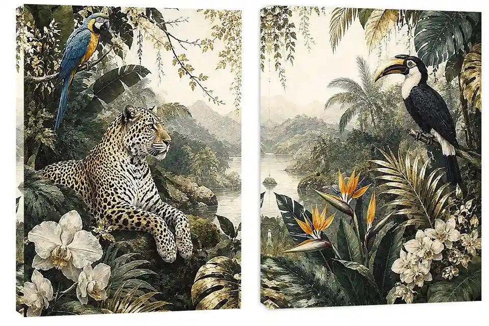 Tropical Leopard Jungle Diptych Wall Art 2 Piece Art Set
