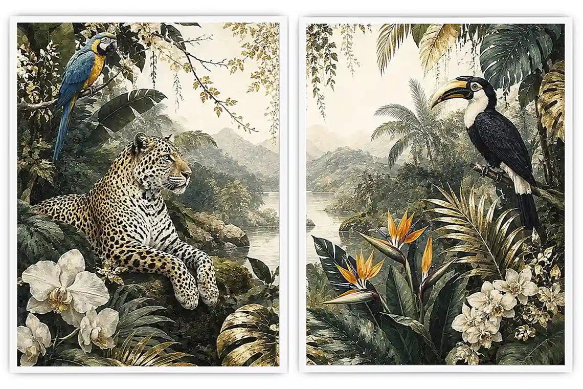 Tropical Leopard Jungle Diptych Wall Art 2 Piece Art Set