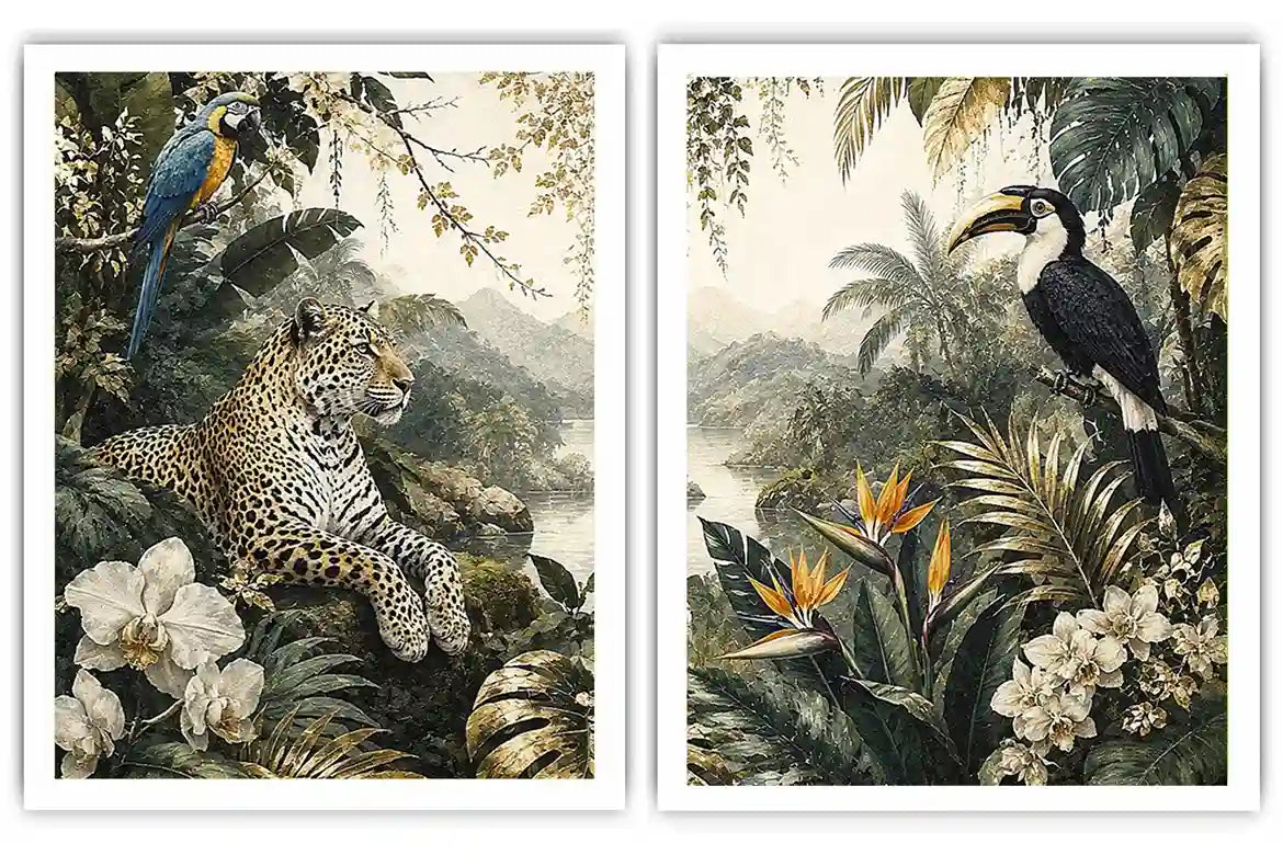 Tropical Leopard Jungle Diptych Wall Art 2 Piece Art Set