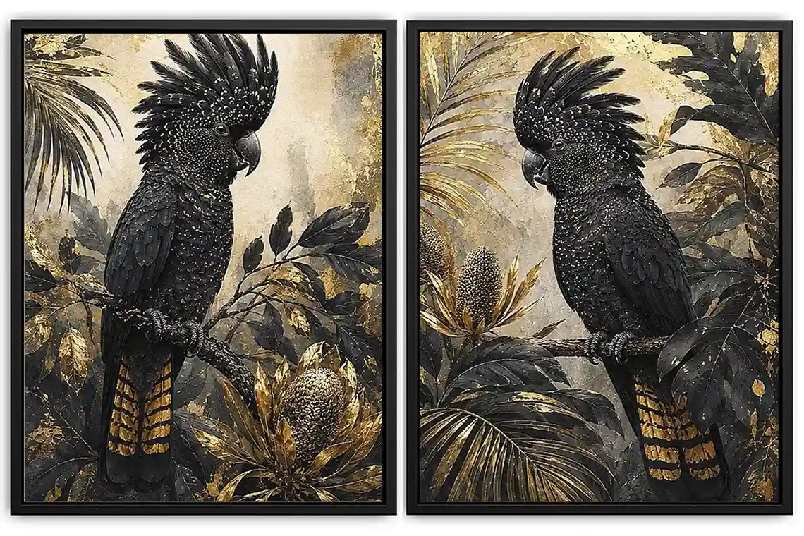 Black Cockatoo Botanical Diptych Wall Art 2 Piece Art Set